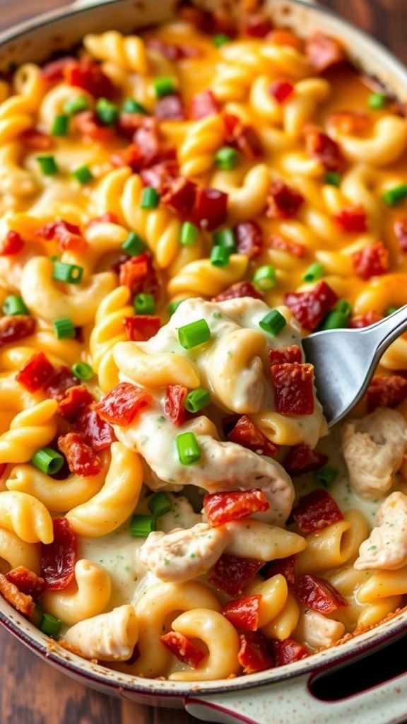 A delicious chicken bacon ranch casserole with melted cheese, chicken, bacon, and pasta, garnished with green onions.